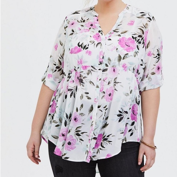 TORRID Pink Rose Floral Chiffon High Low Babydoll Blouse - Picture 3 of 10